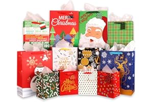 Giiffu Shiny Christmas Gift Bags, 12 Styles Christmas Bags Bulk, Christmas Tote Bags with Handles, Reusable Gift Bags Xmas Paper Bags for Gifts Wrapping Shopping, Xmas Party Supplies