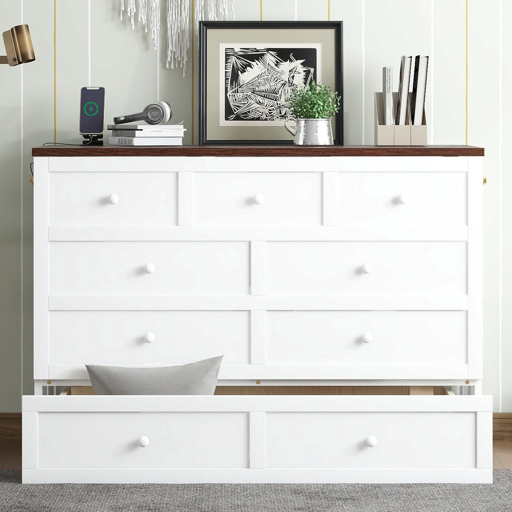 Photo 1 of *UNTESTED*
Bellemave Queen Murphy Bed with Storage Drawer and Charging Station, Cabinet Bed, Farmhouse Murphy Cabinet with Foldable Panel, Noisy Free, for Guest Bedroom, Living Room, White+Walnut Panel