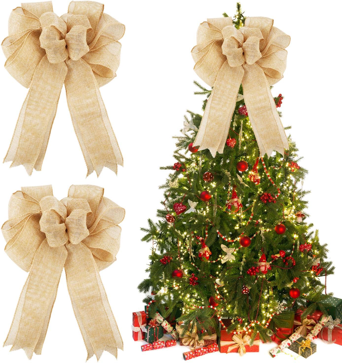 Bows & Ribbons - 2 Pieces Large Burlap Bow Christmas Burlap Bows Burlap Bowknot Handmade Burlap Decorative for Christmas Tree Festival Holiday Party Decoration Supplies (Light Brown)
