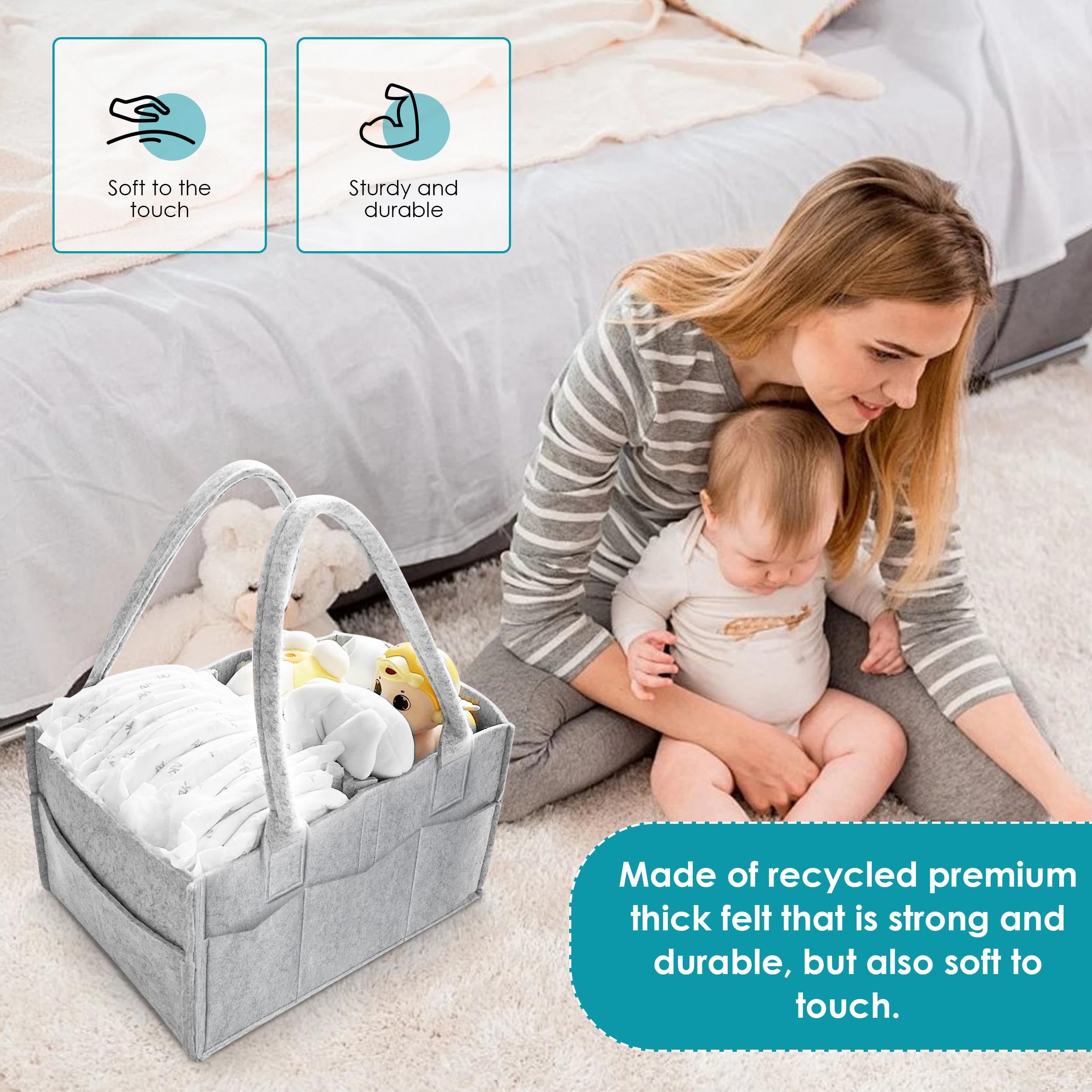 Cute Castle 2 Pack Diaper Caddy Organizer - Portable Baby Caddy Organizer with Handle, Nursery Storage Bin and Car Organizer for Girls, Boys - Baby Gift Basket - Grey