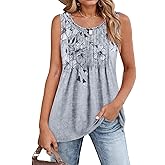 Zeagoo Women's Summer Tank Tops 2026 Pleated Crew Neck Floral Solid Loose Fit Casual Sleeveless Flowy Boho Tunic Shirts