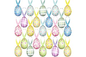 BAINFE 24PCS Easter Ornaments for Tree - Buffalo Plaid & Dots Hanging Eggs, Easter Tree Decorations for Home, Basket Fillers