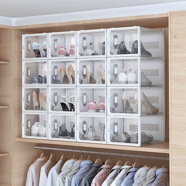 SIMPDIY SHOE BOX, 12 PACK LARGE SHOE STORAGE BOXES CLEAR PLASTIC STACKABLE, SHOE ORGANIZER CONTAINERS WITH LIDS FOR SIZE 13