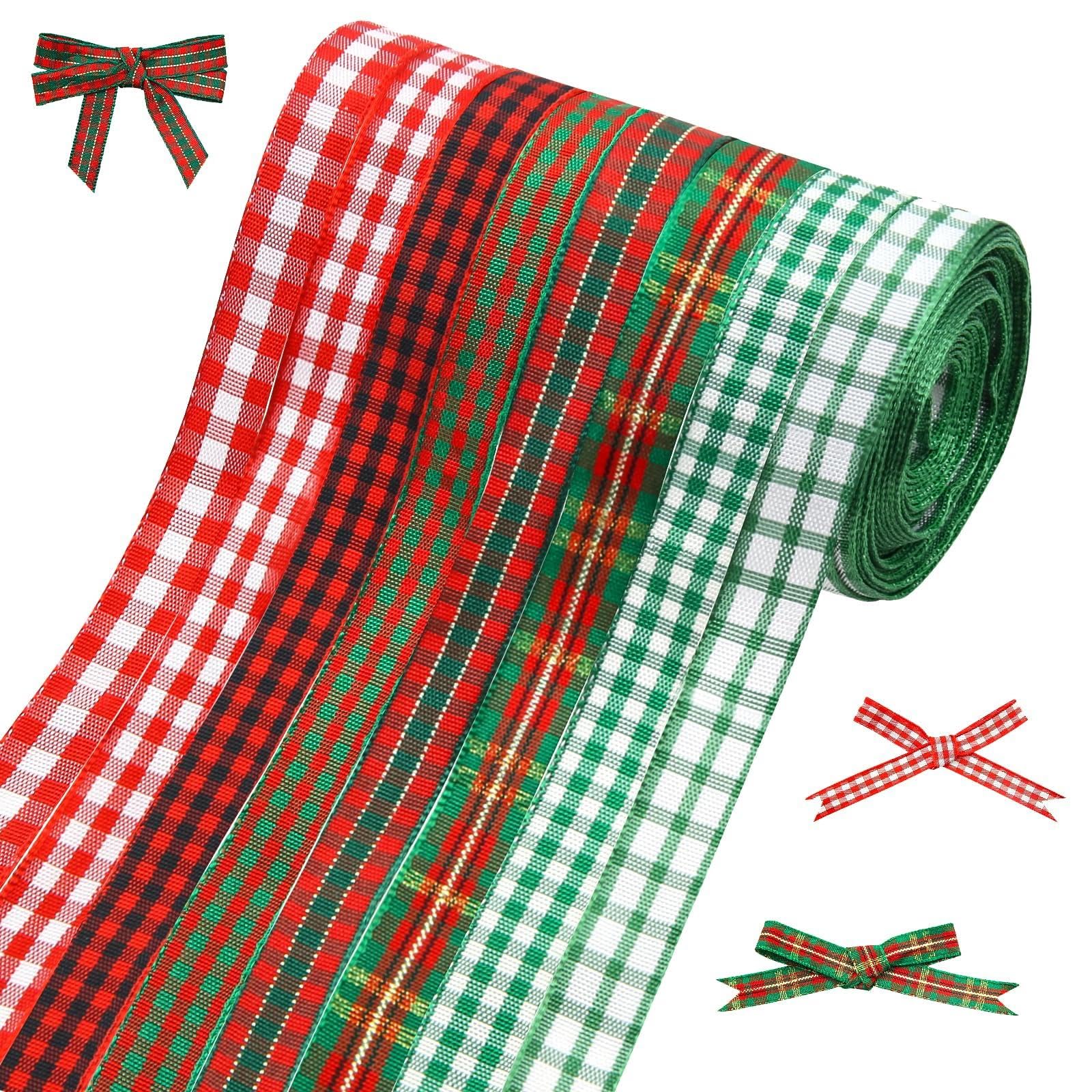 8 PCS Red Green Plaid Ribbon Set,1cm Christmas Gingham Ribbon Fabric Gift Wrap Ribbon Bow Craft Grid Ribbons for Gift Packing Winter Decoration DIY Hair Accessory Christmas Decoration,5 Yard/roll