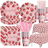 Xenorik Strawberry 1st Birthday Decorations Tableware - Strawberry First Sweet One Birthday Party Supplies, Paper Plate, Cup, Napkin, Tablecloth, Disposable Cutlery | Serves 24