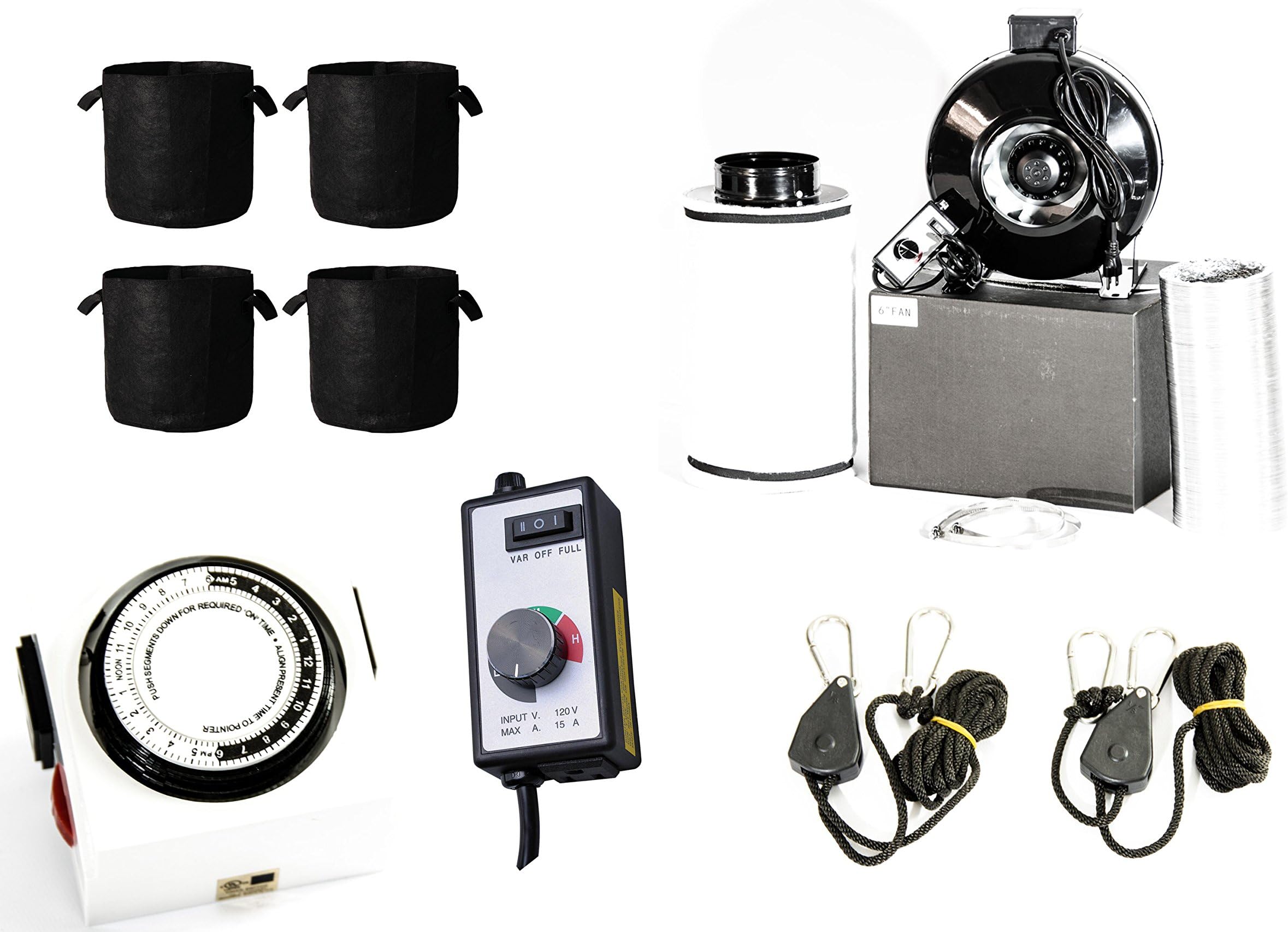 GrowPower 6 Inch Inline Carbon Filter Fan Combo For Grow Tent Ventilation with Carbon Air Scrubber Filter 460 CFM 6" Inline Fan Controller Ducting 7-Gallon Fabric Pots Light Hangers Light Timer