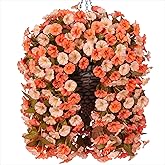 Artificial Fake Fall Hanging Flowers Plants Basket for Outdoor Autumn Decoration, Faux Silk Morning Glory Long Vines Realistic UV Resistant for Outside Home Porch Garden (Fall Orange+Light Orange)