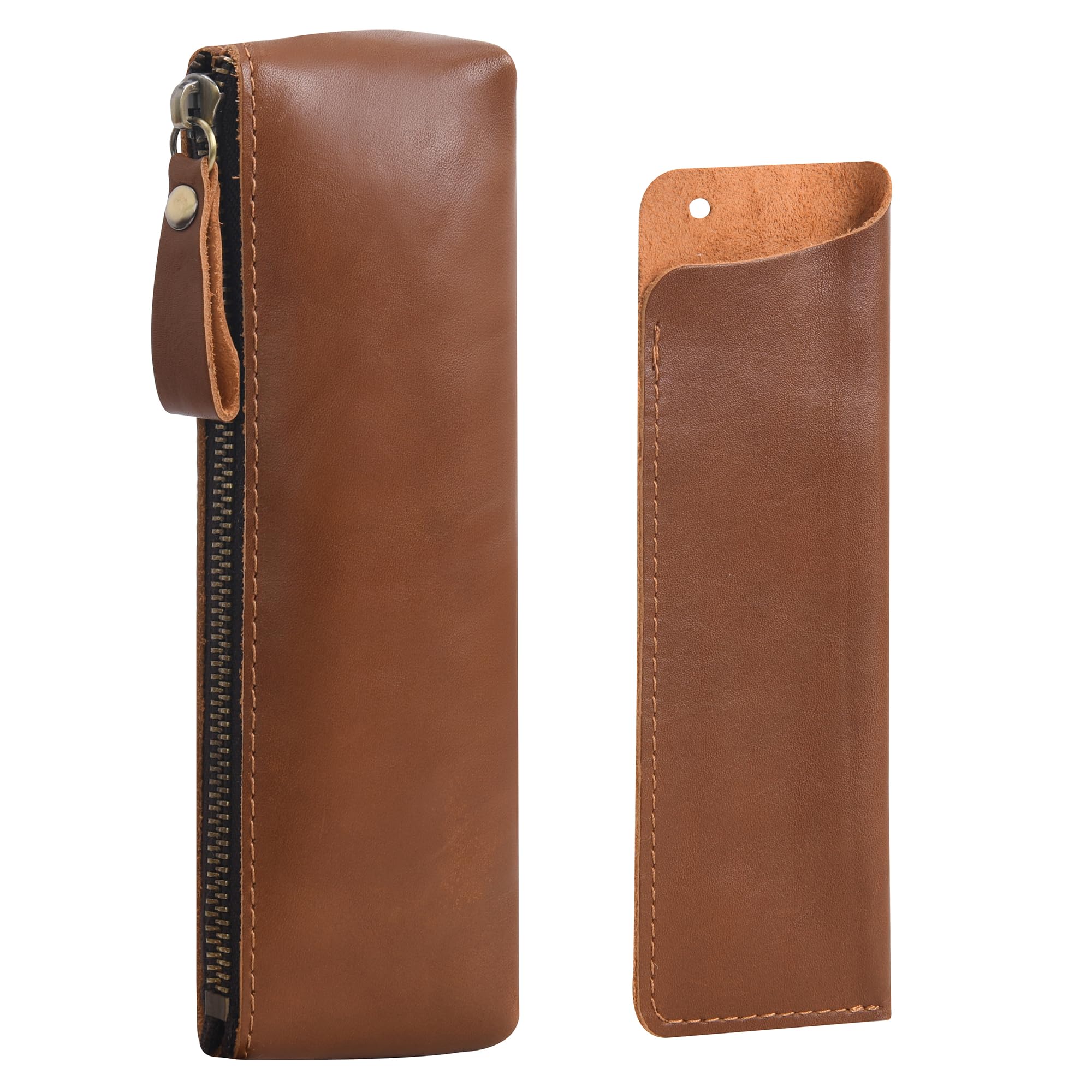 WONDERPOOL Leather 1pc Pencil Case & 1pc Fountain Pen Holder - Portable Compact Drawing Marker Pen Stationery Pouches for School Office Travel Organizer (Light Brown)