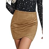 Ezcosplay Women High Waisted Faux Suede Ruched Wrap Mini Skirt Asymmetrical Tulip Hem Bodycon Short Skirts