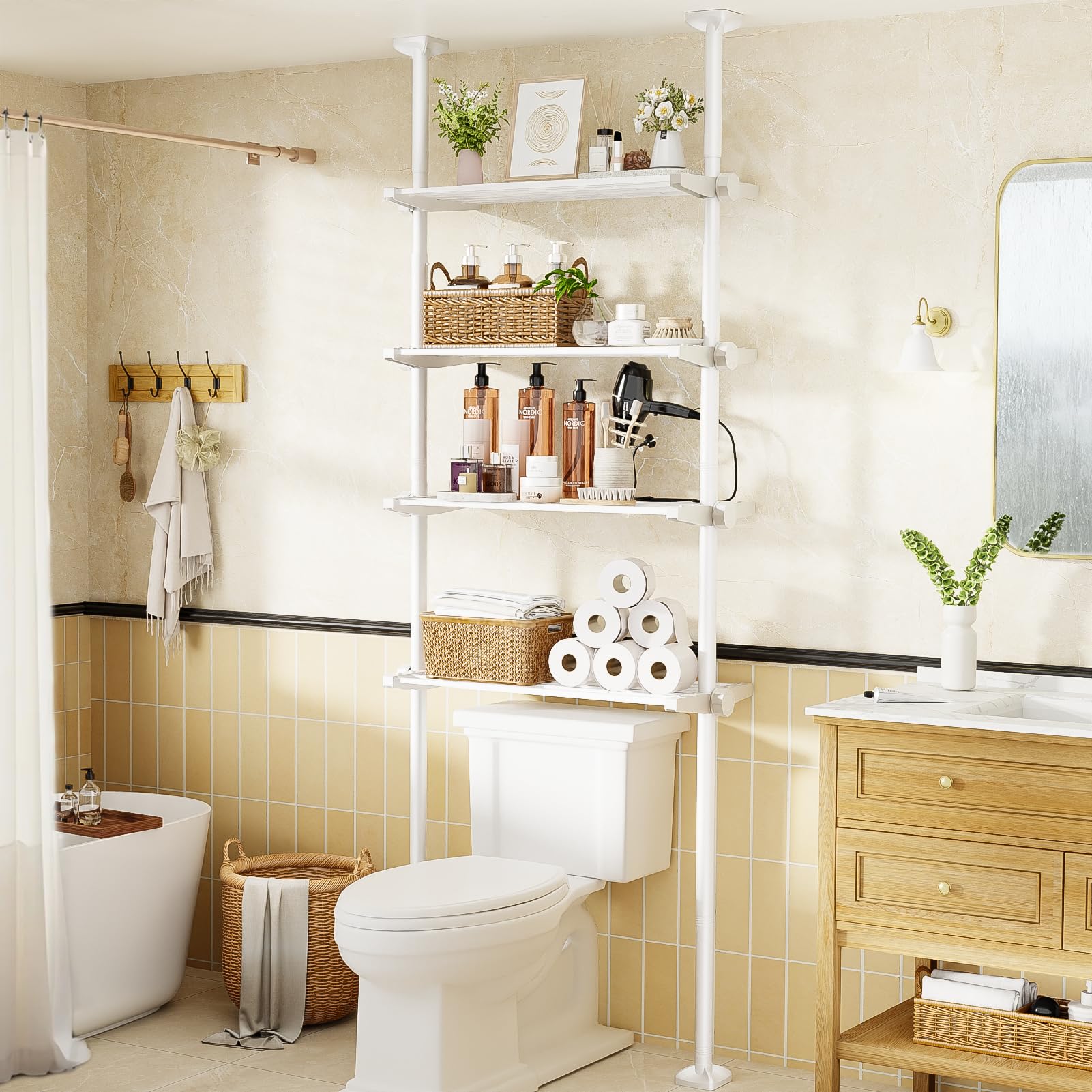 Photo 1 of Bonpally Over The Toilet Storage Shelf, 4-Tier Adjustable Bathroom Organizer, No Drill Tension Mounted Shelves Metal, Space-Saving Bathroom Cabinet Rack Above Toilet for Small Bathroom Rooms, White