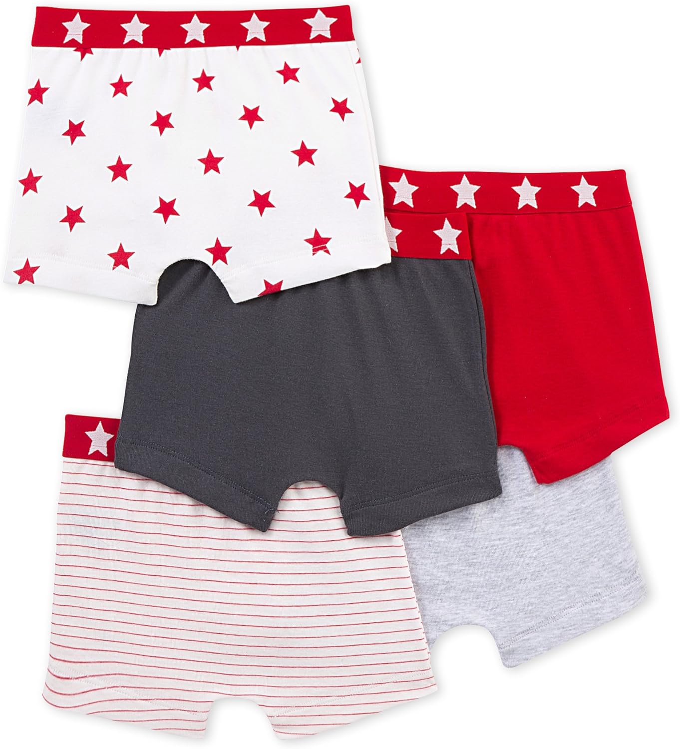 Petit Bateau Boys' 5 Pack Printed and Solid Boxers with Star Waistband: Clothing