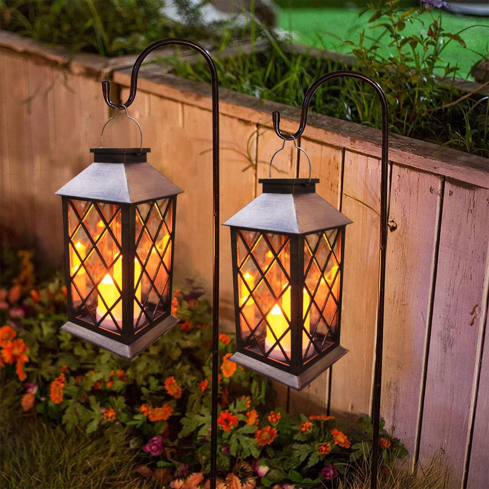 Photo 1 of Solar Outdoor Lantern, Garden Hanging Waterproof Lanterns, 3 LED Flickering Flameless Candle, PVC, for Garden Decor Gifts (2 Pack)