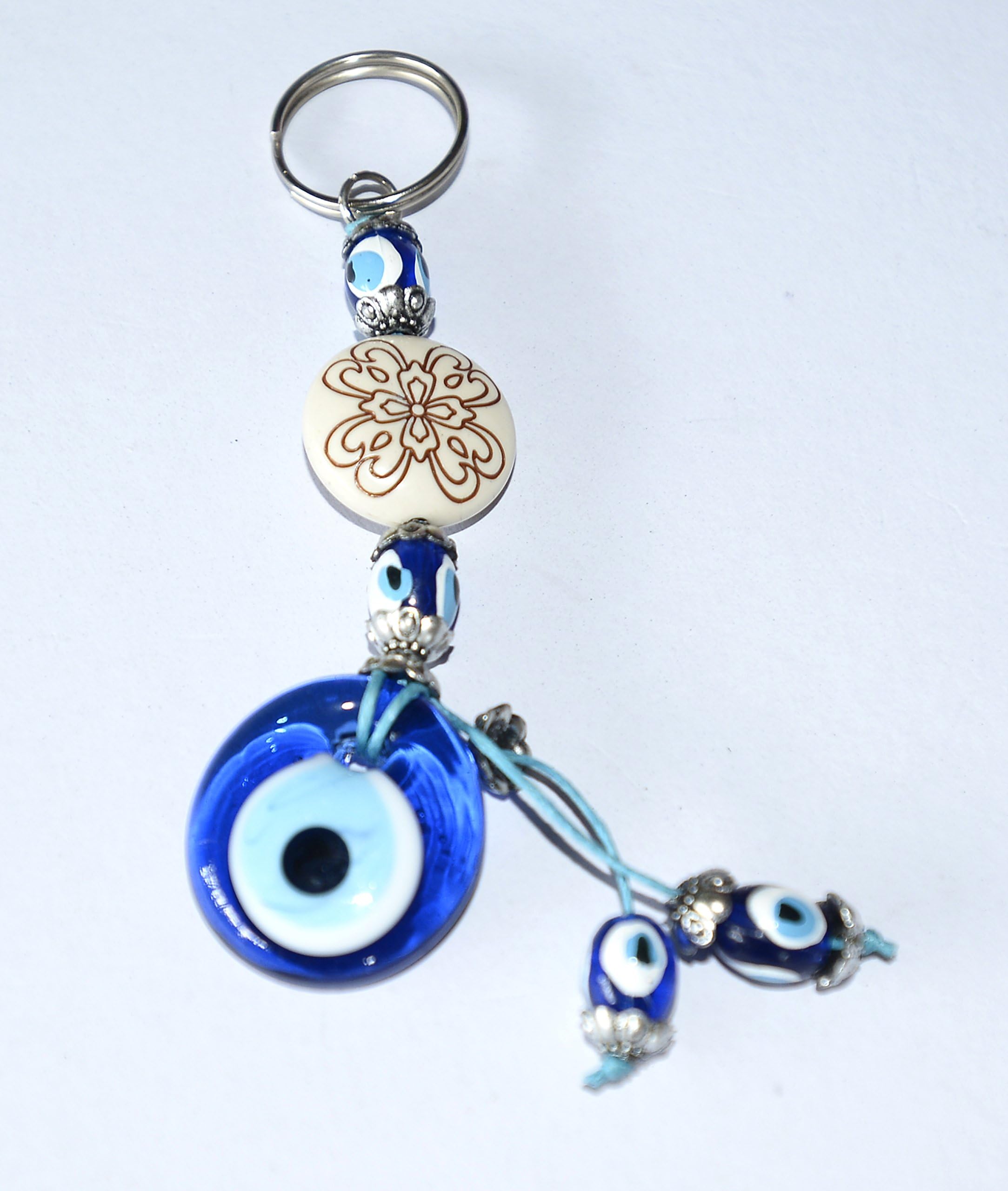 EVIL EYE KEYCHAIN WITH LARGE EVIL EYE BEAD, DECORATIVE BEADS AND TASSLE WITH BEADS (nazar hamsa keychain). HAND MADE DANGLING EVIL EYE FOR KEYS OR TO HANG FROM DOOR TO KEEP EVIL SPIRITS AWAY