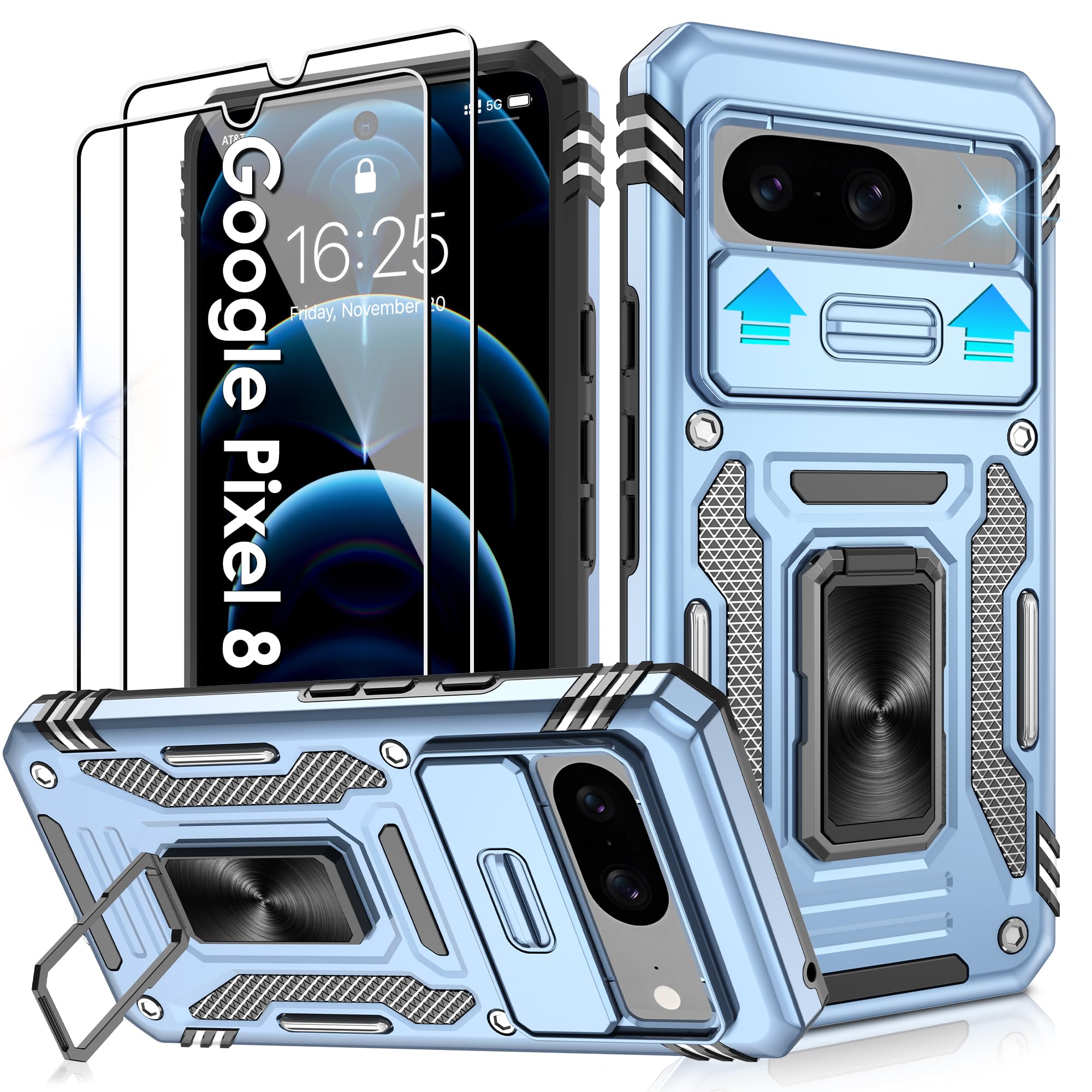 Jshru for Google Pixel 8 Case with Screen Protector [2 Pack] and Slide Camera Cover,Military Grade Shockproof,Armour Phone Cover with Ring Kickstand for Pixel 8,Light Blue