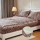 MR&amp;HM Satin Fitted Sheet Full Size, Elastic Corner Straps, Brown Leopard | 15" Deep Pocket, Secure Fit, No Slipping or Bunching, Silk-Like Feel, Cooling &amp; Breathable, Gentle on Hair &amp; Skin, 1 Pc