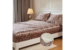 MR&HM Satin Fitted Sheet Full Size, Silky Bottom Sheet with Elastic Corner Straps, Deep Pocket up to 15 Inch, No More Slipping Off for Mattress - 1 Fitted Sheet Only (Brown Leopard)