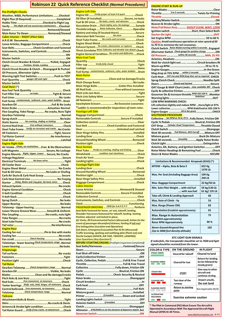Robinson R22 Quick Reference Checklist - Reference Checklist for Pilots, Flight Training, Pilot Training and Aviation Enthusiasts - A4 Size - Laminated