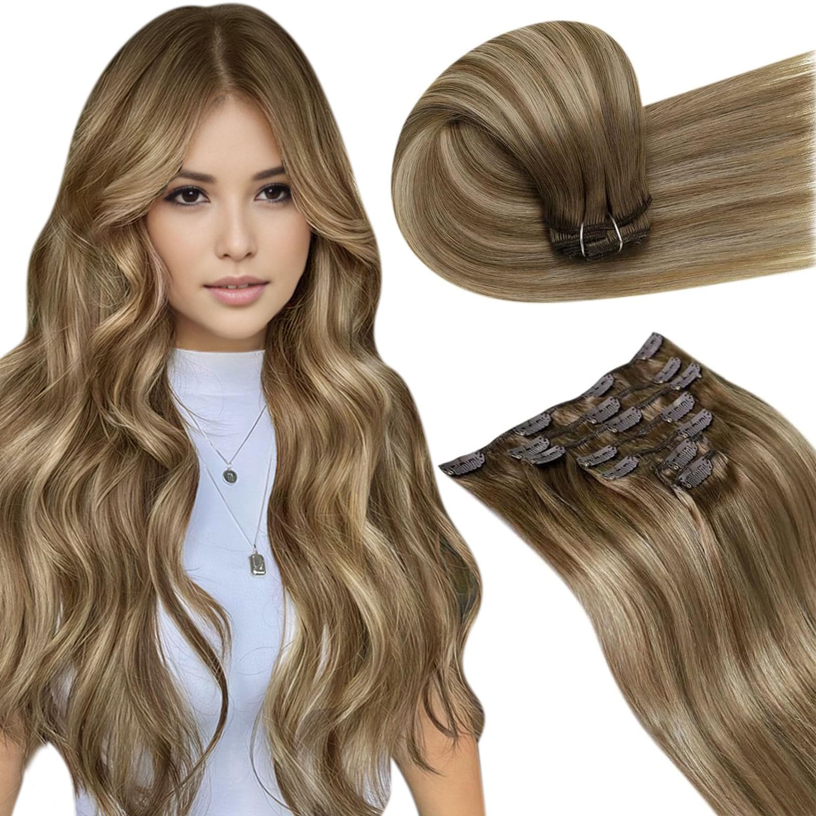 LaaVoo Clip in Hair Extensions Real Human Hair Light Brown Hair Extensions Clip in 18 Inch 120g 7pcs Full Head Straight Balayage Blonde Remy Hair Double Weft #8/16/8 — image 1