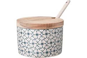 Nordring Sugar Bowl Kristina with Bamboo Lid and Spoon, 9 Oz Jar for Salt, jam, Mustard, Blue, Stoneware, Handmade Stamp Deco