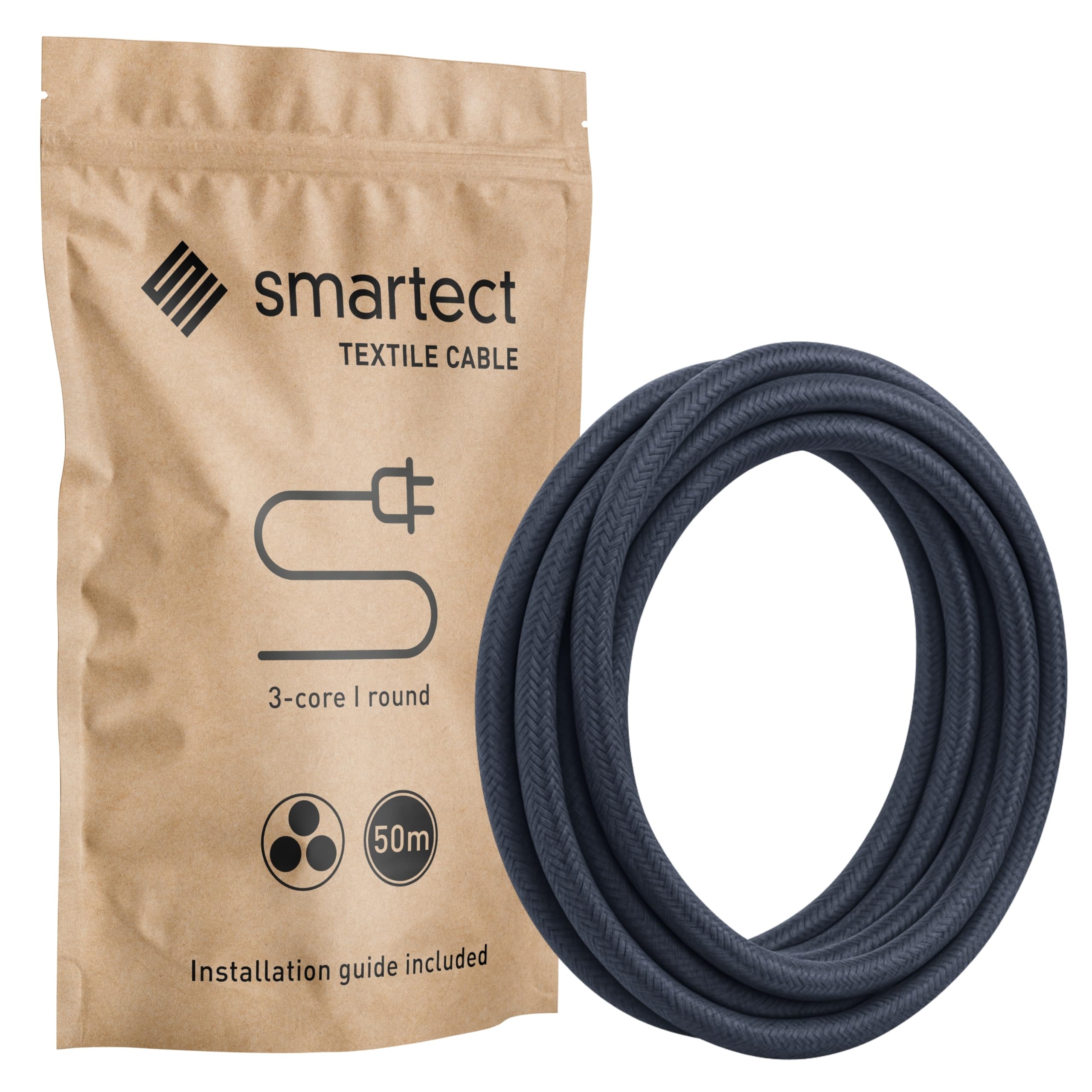 smartect Braided Cable, Anthracite, 50 Metres 3 Core Electrical Cable (3 x 0.75mm²) Vintage Fabric Electrical Wire for your DIY project