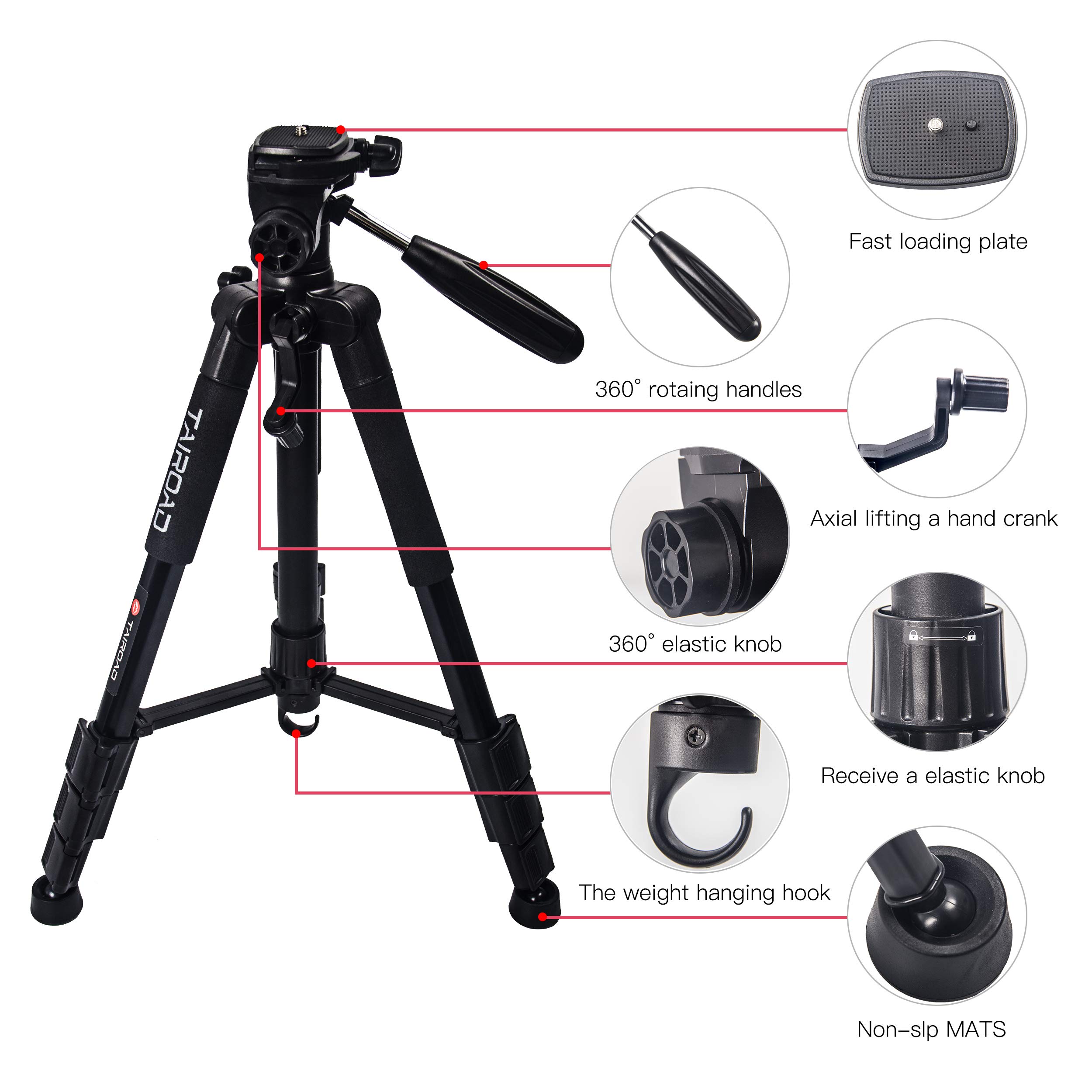 Treppiede leggero - Treppiede per macchina fotografica compatto Tairoad140 cm con clip per telefono cellulare e piastra a sgancio rapido per fotografia, spettacolo dal vivo - Nero