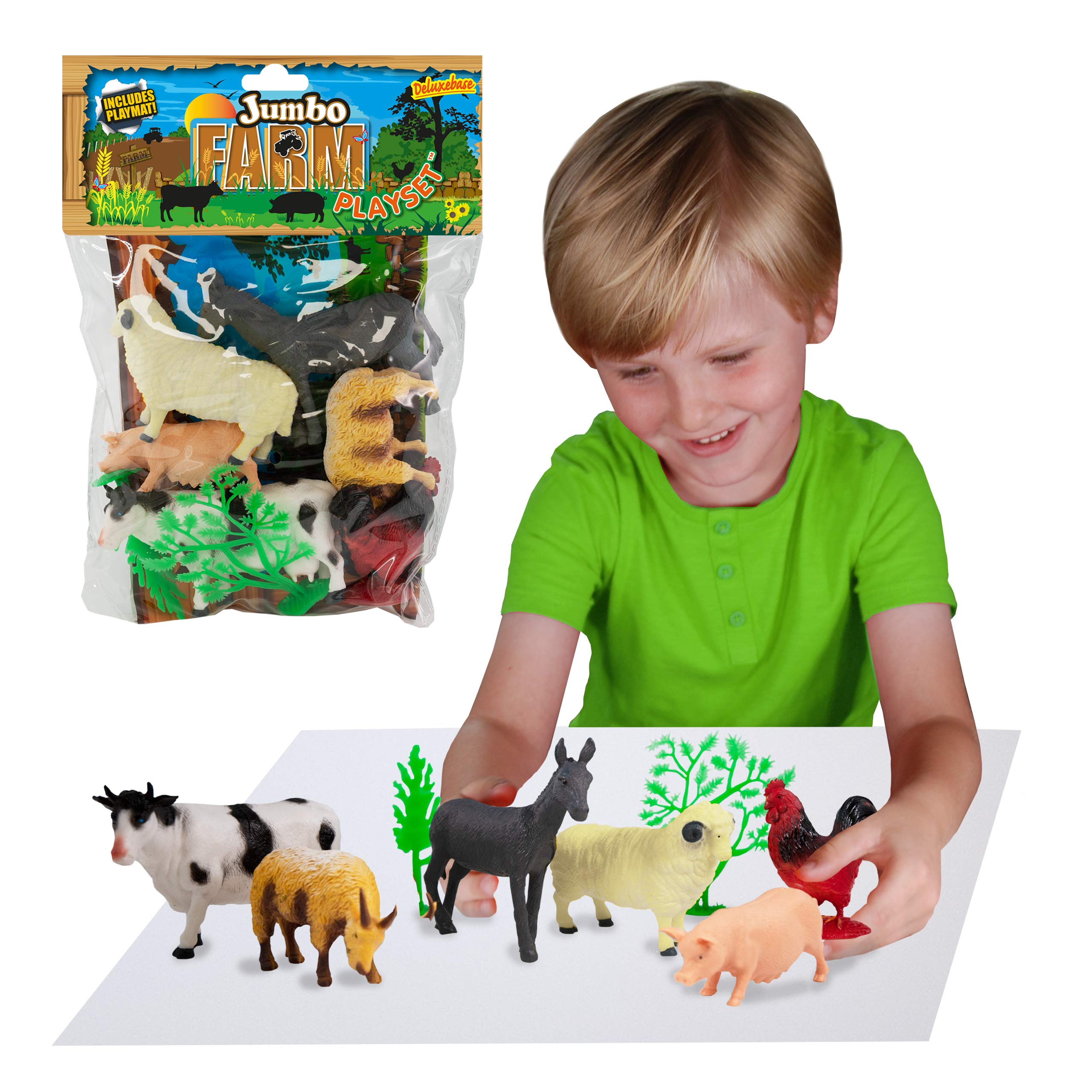 Deluxebase Jumbo Playset - Farm, 8-Piece Farm Animal Figurines Toy Set with Playmat for Kids, Great Animal Toys for Creative Play and Learning.