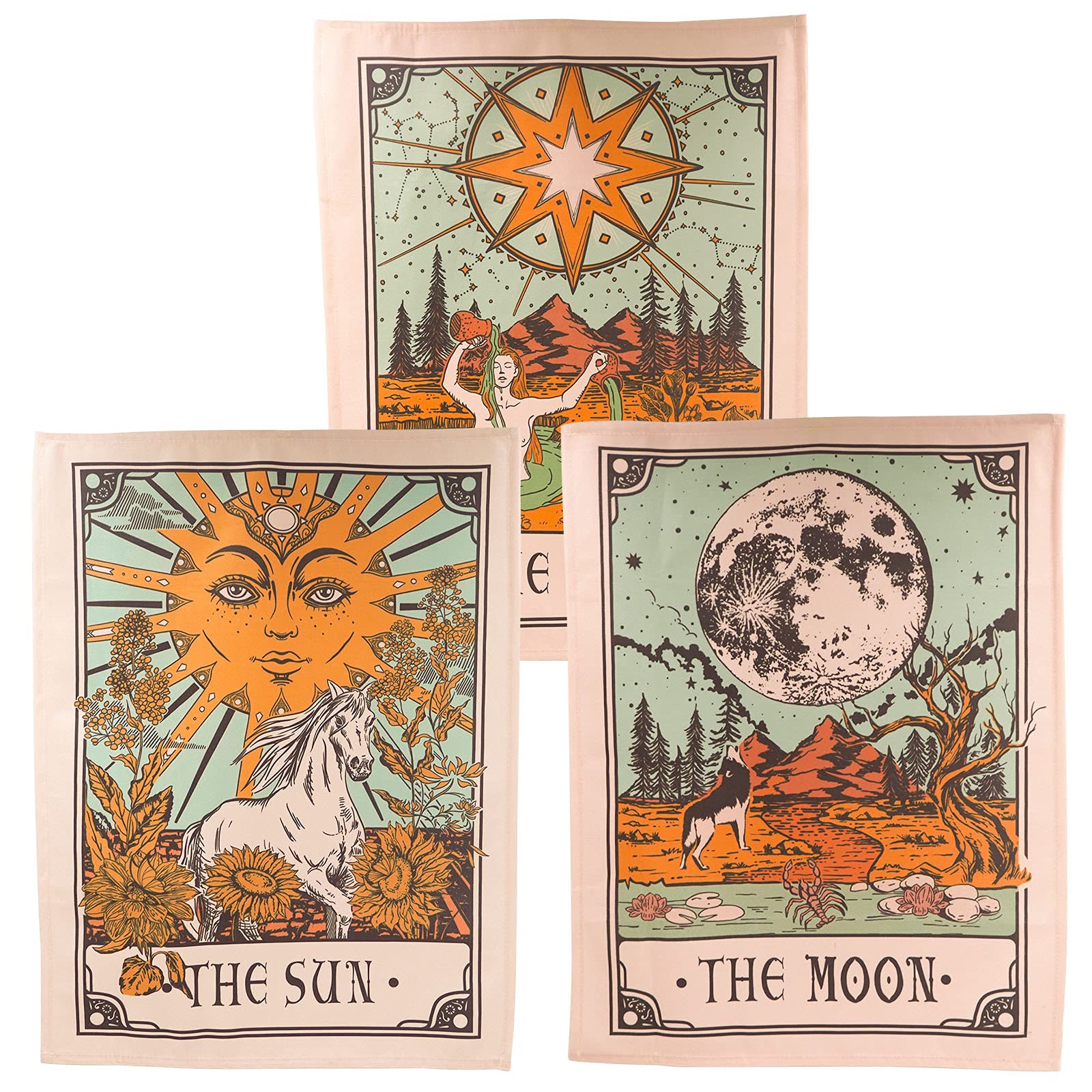 Accnicc 3 Pack Tarot Sun Moon and Star Tarot Card Tapestry, Brown and Beige Tapestries Wall Hanging, Vertical Vintage Aesthetic Wall Tapestry for Room (Brown, 15'' × 20'')
