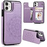 KRHGEIK for iPhone 12 Pro/iPhone 12 Wallet Case with Card Holder,Women Mandala Emboss PU Leather with Kickstand Magnetic Clasp Slim Flip Shockproof Cover 6.1 Inch (Purple)