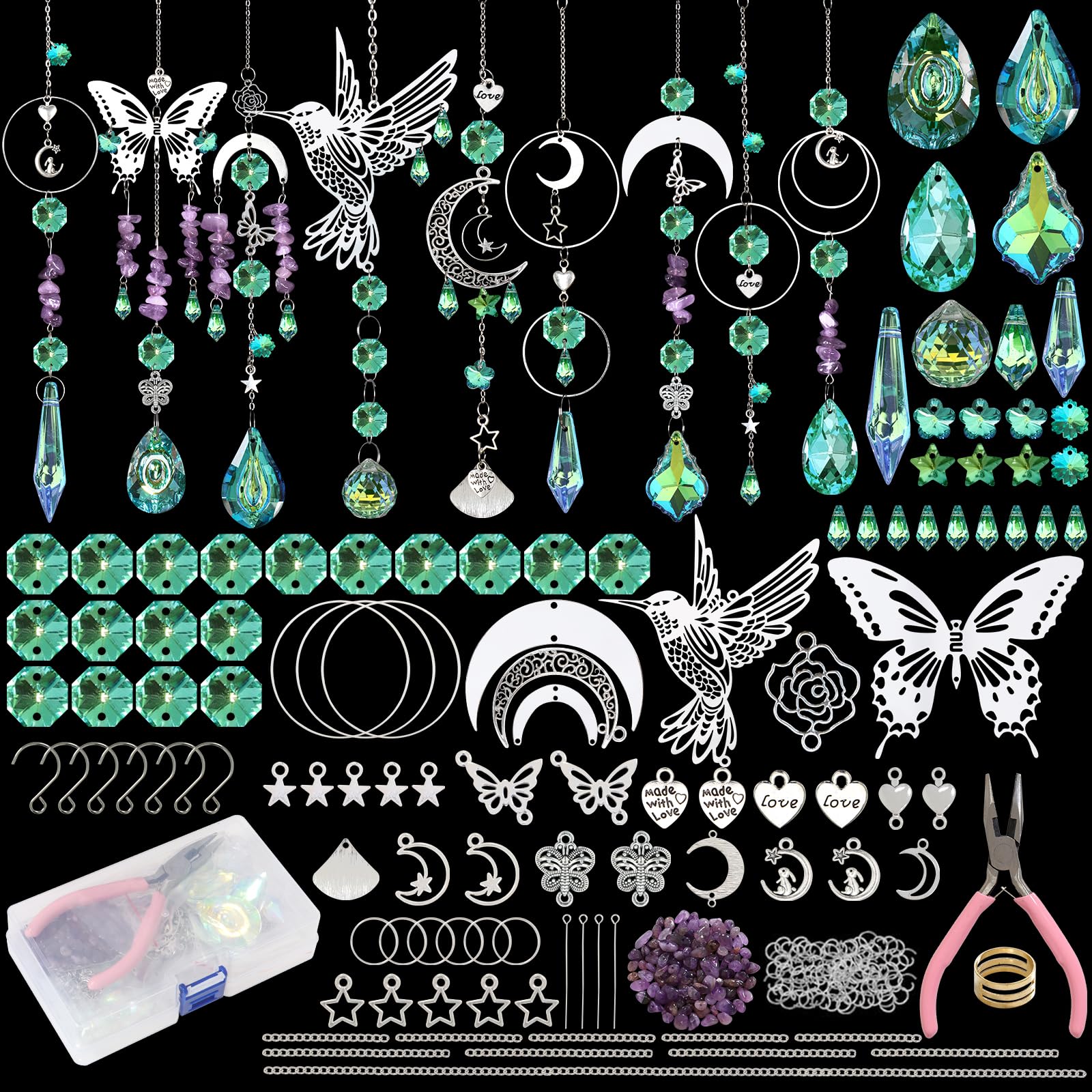 ASTNIC 380PCS Crystal Suncatchers Making Kits, DIy Sun Catchers Making Supplies Kit Silver Butterfly Hummingbird Hanging Prism Ornament Crystal Ball Rainbow Maker for Window Home Garden Decor