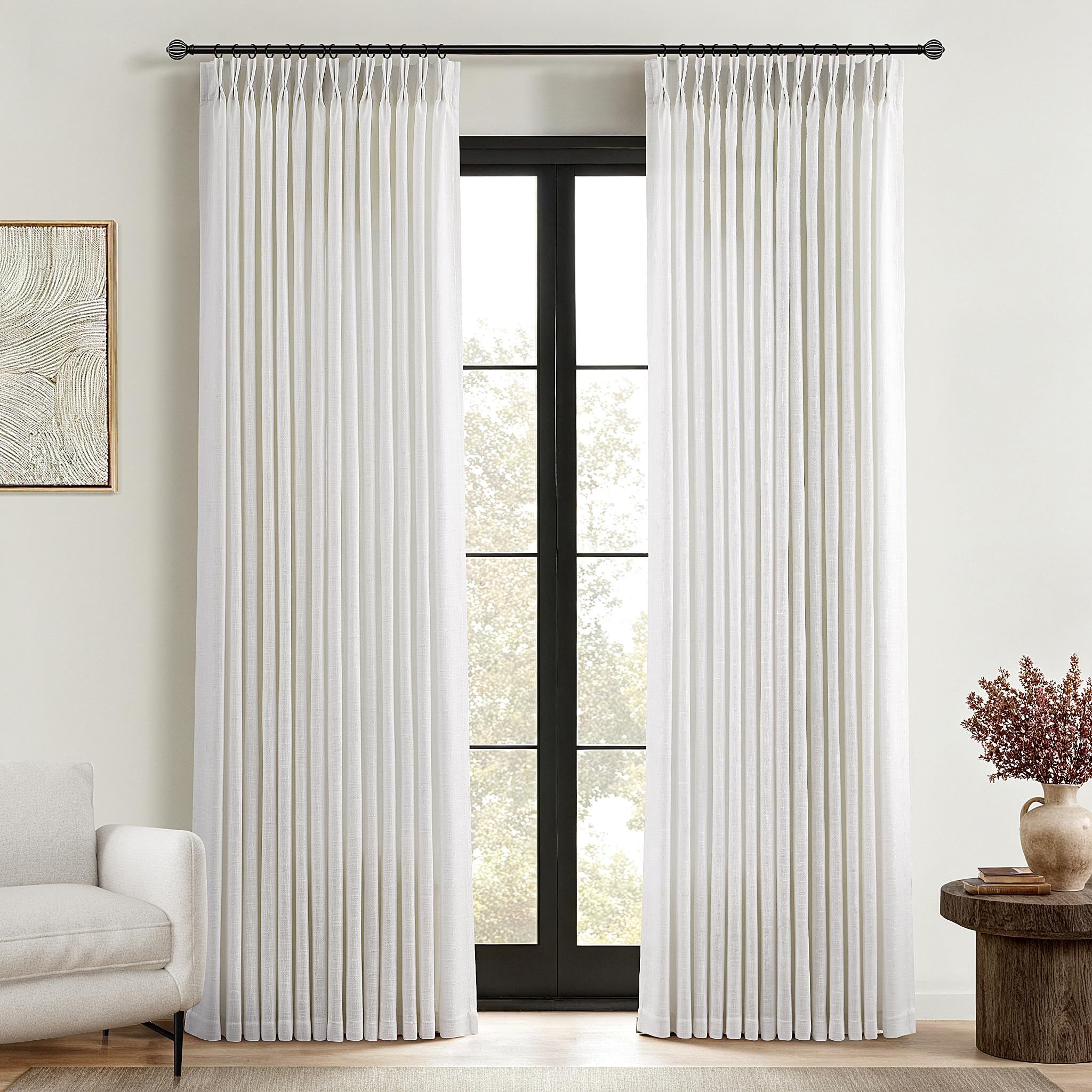 Photo 1 of 112 Inch Pinch Pleated Linen Curtains for Living Room Thick Flax Pleated Memory Light Filtering Semi Sheer Curtains with Pleated Hooks Back Tab for Track System Cream Ivory Pinch Pleat Window Drapes