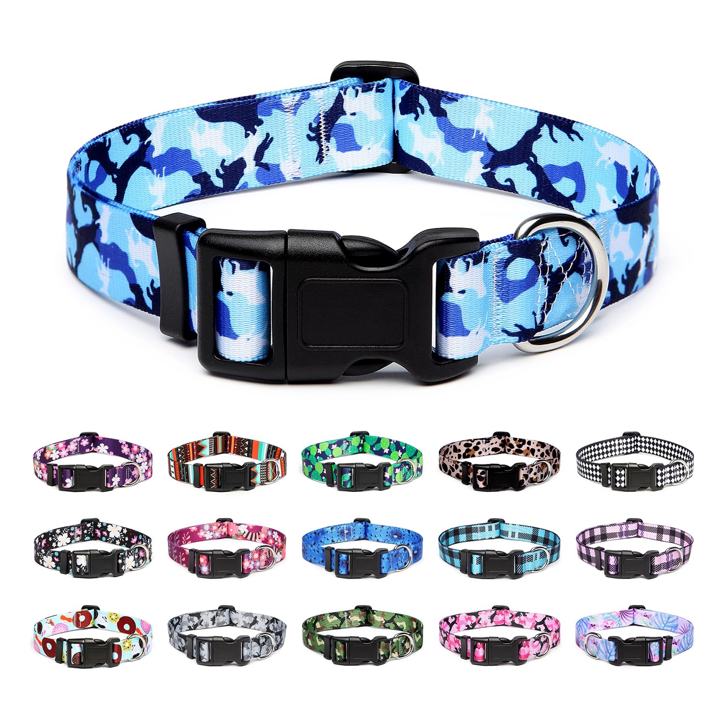 Mercano Adjustable Dog Collar - Special Design Patterns, Soft Nylon Comfortable Durable Pet Collar for Small Medium Large Dogs (S, Dog Camouflage Blue)