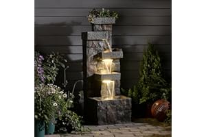 Bumilgar Garden Fountains Outdoor Water Fountain - 44.5 Inches 4 Tired Modern Indoor Floor Standing Outdoor Fountain with Lights Pump for Garden Patio Backyard Porch Home Art Decor, Dark Gray