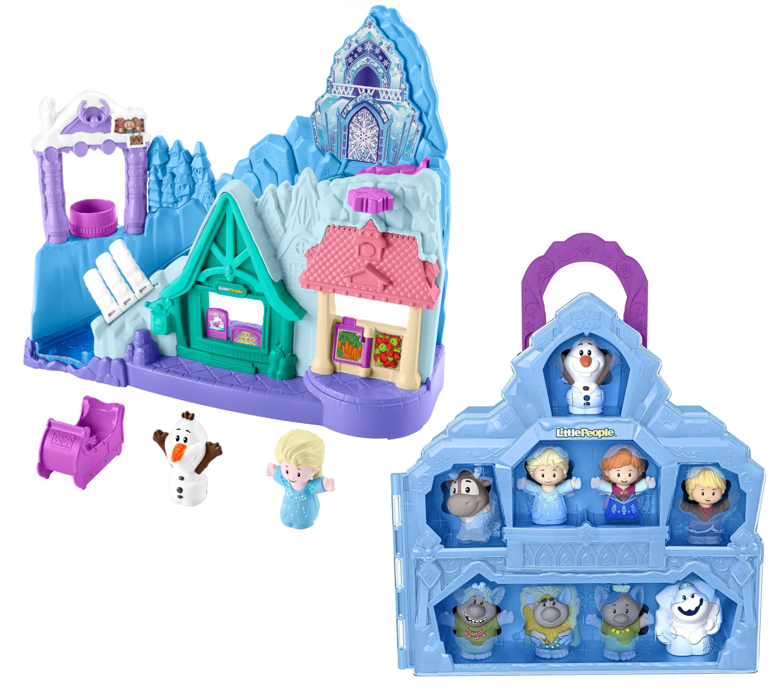 Bundle of Little People Toddler Toy Disney Frozen Carry Along Castle Case Playset with Figures + Little People Disney Frozen Arendelle Sledding Adventures Playset with Figures for Ages 18+ Months