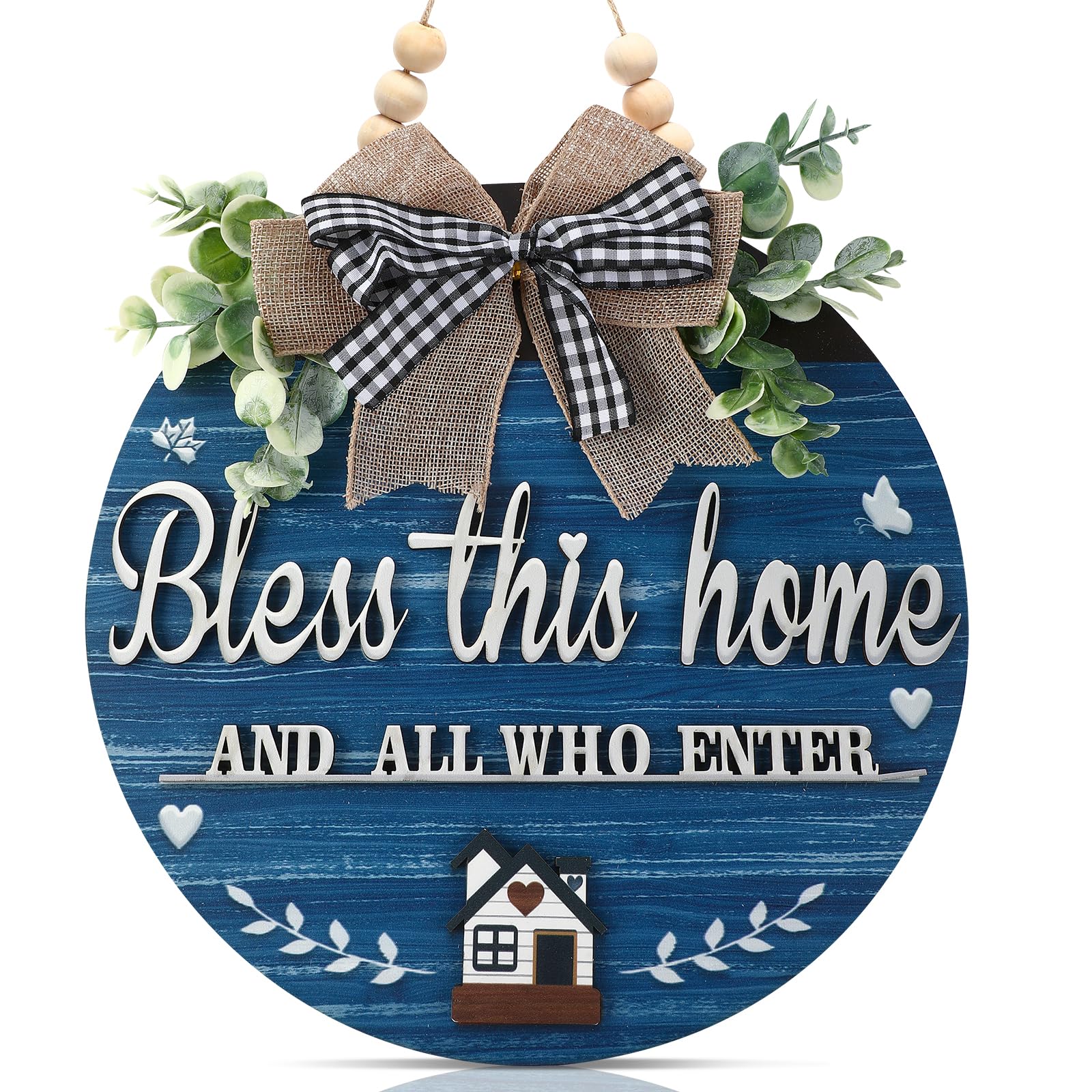 Photo 1 of 3D Bless This Home and All Who Enter Wooden Front Door Signs?Door Decorations Hanging,Christian Jesus Home Porch Wall Decor?Spring Wreaths?Door Wreaths for Front Door Outside All Season?Blue?