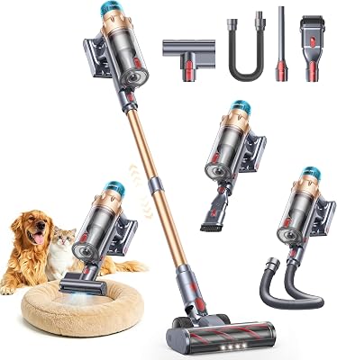 Akku Staubsauger 55000Pa/650W/70Min, Staubsauger Kabellos mit Mini-Elektrobürste, 1,5M Schlauch, Aromafunktion, Touchscreen, Anti-Tangle-Bürste für Tierhaare/Teppiche/Hartböden/Auto