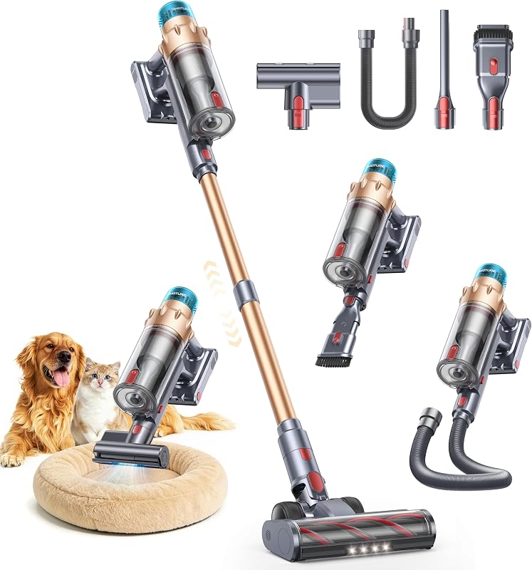 Akku Staubsauger 55000Pa/650W/70Min, Staubsauger Kabellos mit Mini-Elektrobürste, 1,5M Schlauch, Aromafunktion, Touchscreen, Anti-Tangle-Bürste für Tierhaare/Teppiche/Hartböden/Auto