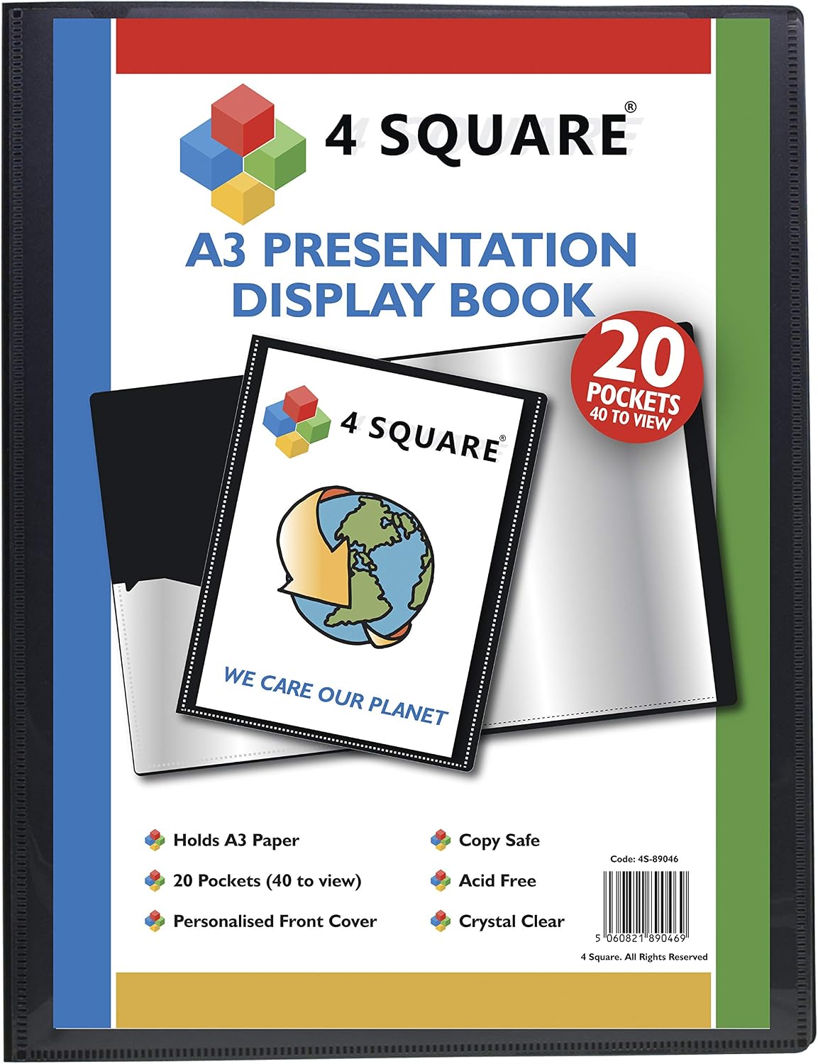 A3 Display Book - 20 Pockets (40 Sides) Black Presentation Display Book Folder Folio for Professionals, Business, Students, Projects, School, Colleges, Home, Office by 4 Square - 89046 (1 Book)