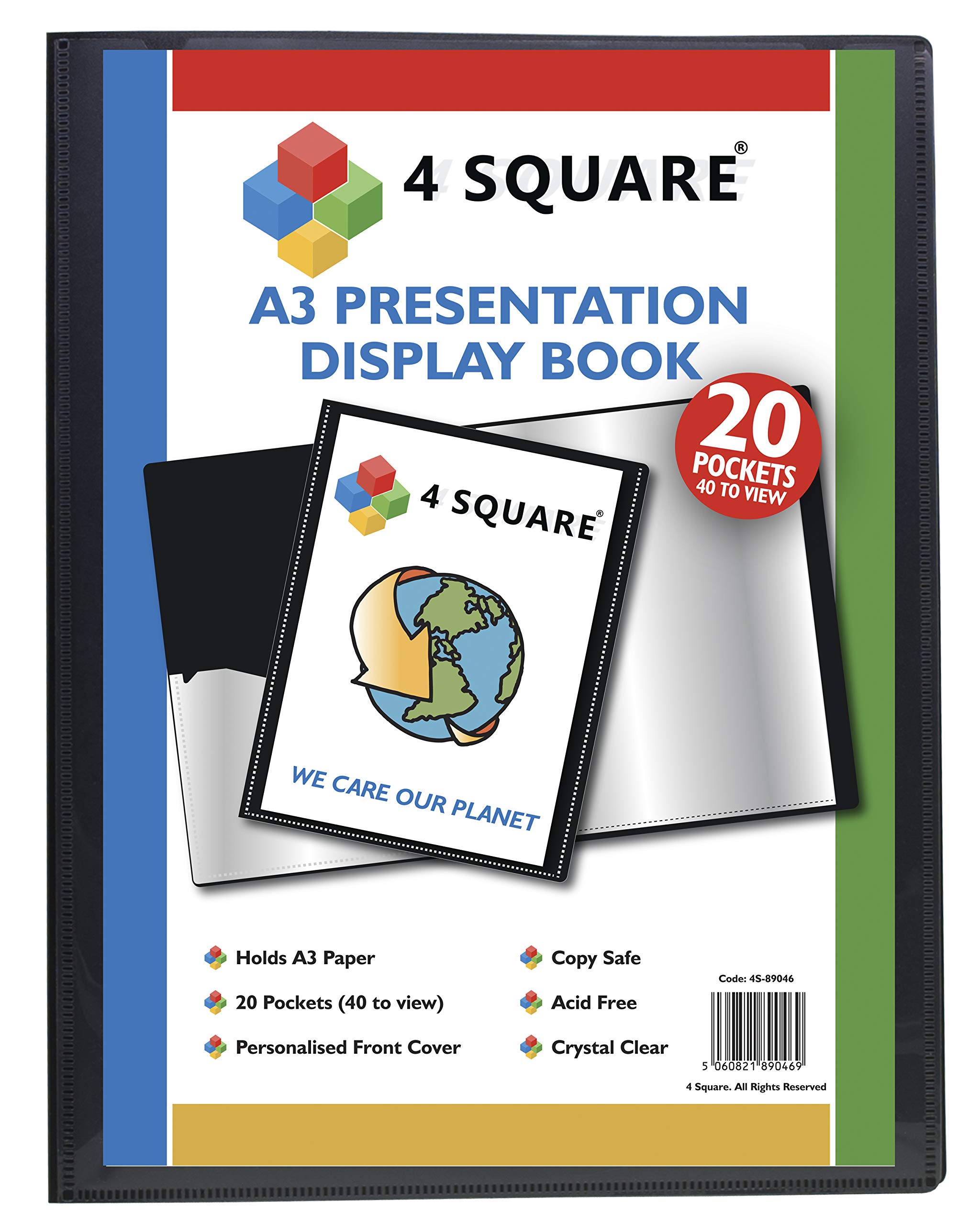 A3 Display Book - 20 Pockets (40 Sides) Black Presentation Display Book Folder Folio for Professionals, Business, Students, Projects, School, Colleges, Home, Office by 4 Square - 89046 (1 Book)