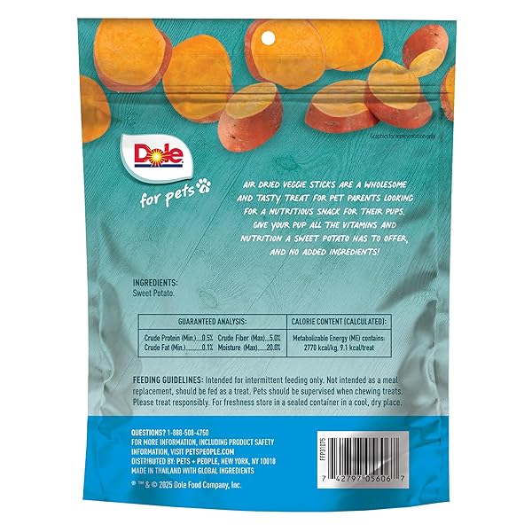 DOLE FOR PETS AIR DRIED SWEET POTATO DOG TREATS, SINGLE INGREDIENT DOG TREATS MADE WITH REAL SWEET POTATO, NO WHEAT, CORN, SOY, ARTIFICIAL FLAVORS, COLORS, OR PRESERVATIVES, 6 OZ