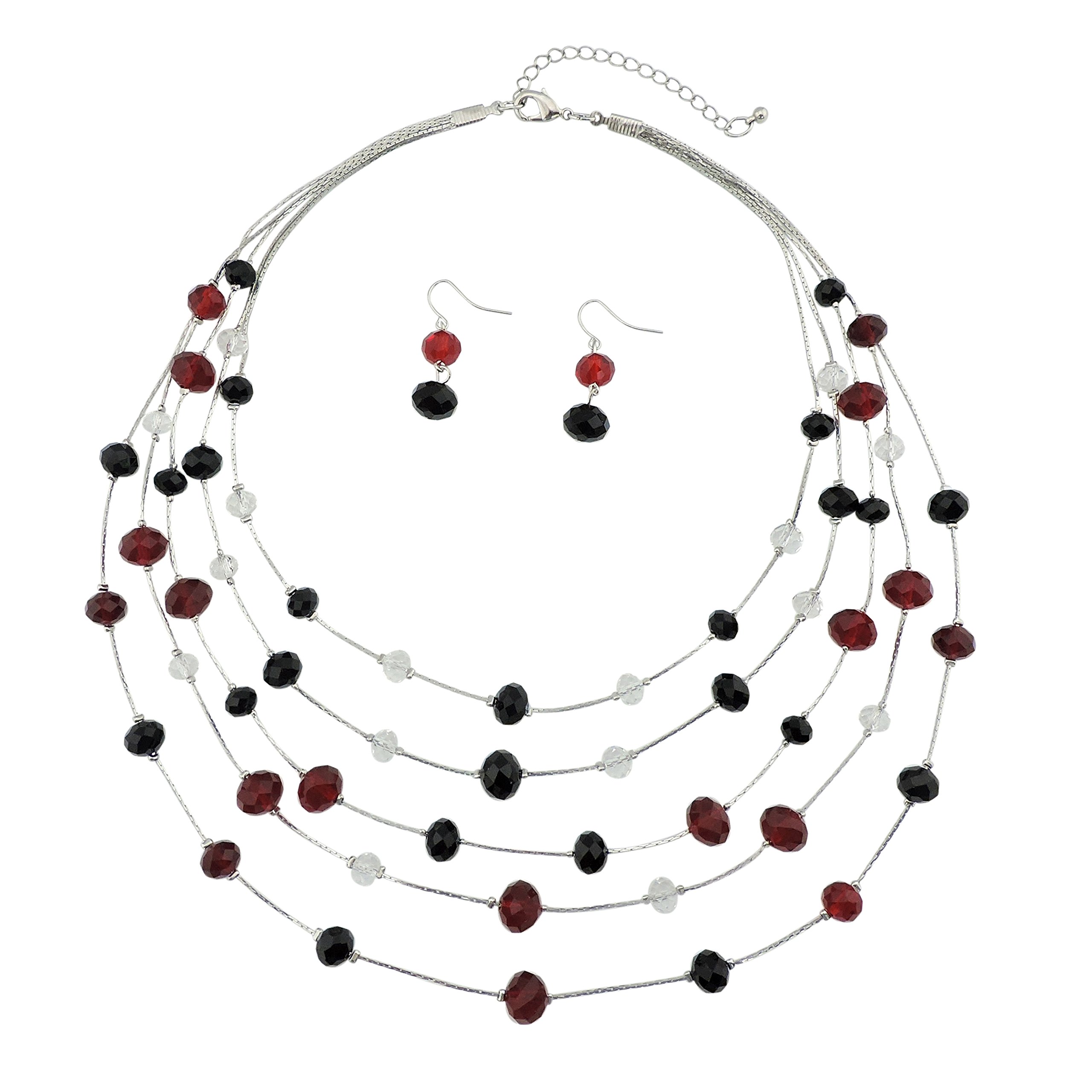 Bocar 5 Layer Handmade Beads Necklace Earring Set Illusion Necklace for Women(NK-10464-black+red)