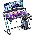 MOTPK Gaming Desk with Power Outlet & LED Lights, Gaming Computer Desk 39inch with PC Storage Shelf, Gaming Table with Carbon Fiber Texture, Gamer Desk, Gift for Boys Men, Black