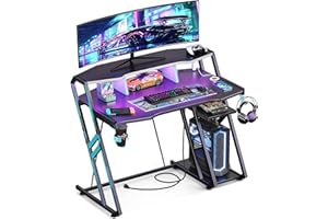 MOTPK Gaming Desk with Power Outlet & LED Lights, Gaming Computer Desk 39inch with PC Storage Shelf, Gaming Table with Carbon Fiber Texture, Gamer Desk, Gift for Boys Men, Black