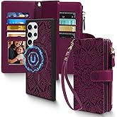2 in 1 for Samsung Galaxy S25 Ultra Wallet Case Magnetic Compatible with Magsafe RFID Blocking Card Holder Detachable Phone Cover Zipper Purse Kickstand Wrist Strap for Men Women Floral Burgundy