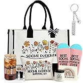 Skylety 9 Pcs Social Worker Gift Set for Women Trapezoid Grocery Canvas Tote Bags with Handle Glass Jar Tumbler Scented Candle Badge Reel Socks Novelty Appreciation Gift