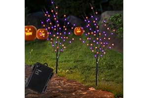 LJLNION Lighted Halloween Tree Branches, 30IN 100LED Artificial Black Twig Branch with Purple&Orange Fairy Lights, Built-in Timer & Battery Operated, Waterproof for Outdoor Pathway Lawn Garden Decorations