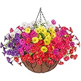 Artificial Faux Hanging Plants Flowers for Outdoors Baskets Spring Outside Decor, Fake Silk Morning Glory in Planter Look Real UV Resistant Outdoor Flowers for Porch Patio Balcony Garden Yard Home
