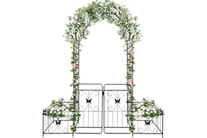 Kalolary Garden Arch with Gate and Plant Box, Heavy Duty Metal Butterfly Garden Arbor for Climbing Plant Raised Bed Rose Vine