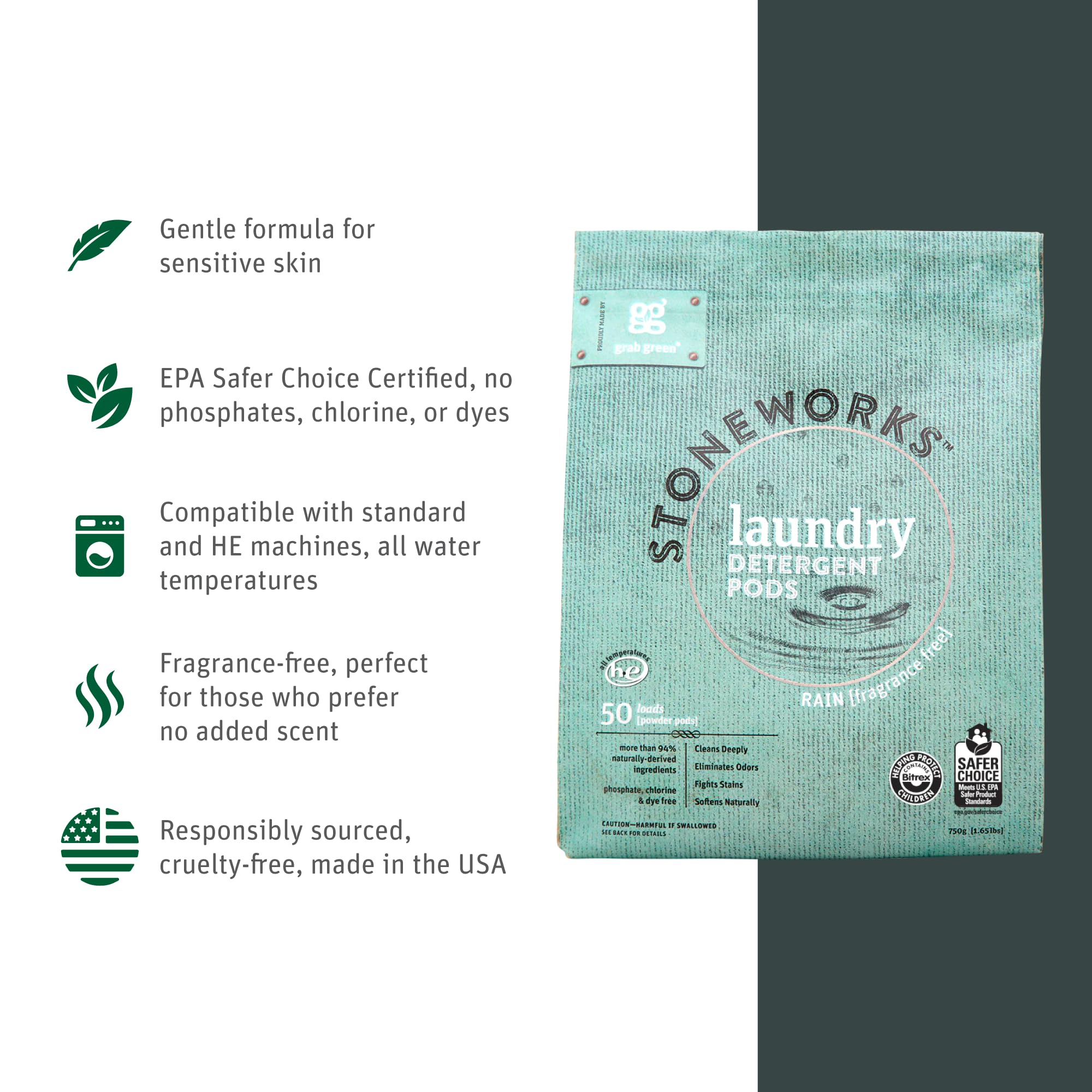 Grab Green Stoneworks Laundry Detergent Pods Sample Kit, 10 Count, Birch Branch, Fragrance Free Rain, Oak Tree, Olive Leaf, Rose Petal Scents, Plant a