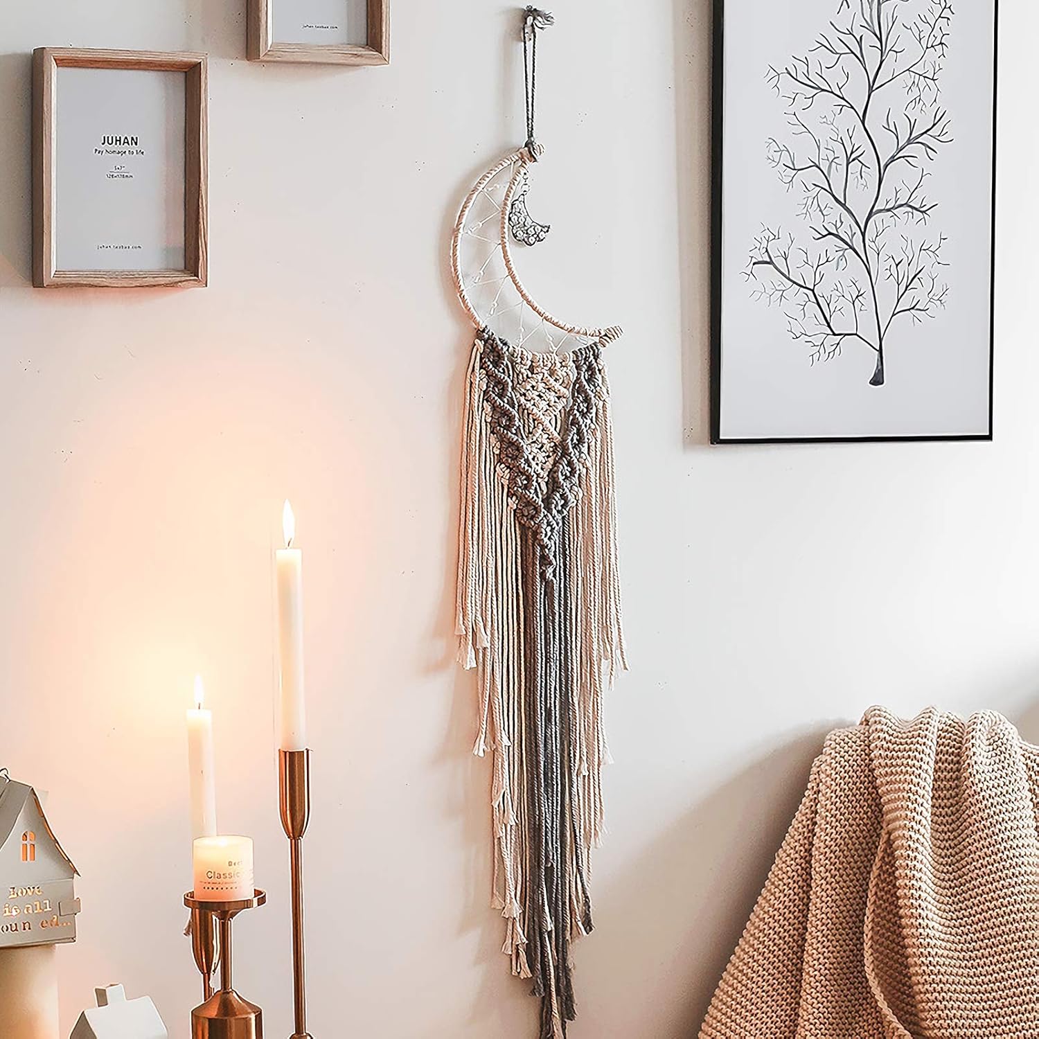 YIGSM Moon Dream Catcher Handmade Dreamcatchers - Half Circle Moon Bohemian Wall Hanging Art Woven Boho Home Decor for Girls Bedroom Wedding Ornament Craft Gift with Firefly Lights