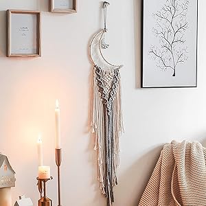 YIGSM Moon Dream Catcher Handmade Dreamcatchers - Half Circle Moon Bohemian Wall Hanging Art Woven Boho Home Decor for Girls Bedroom Wedding Ornament Craft Gift with Firefly Lights